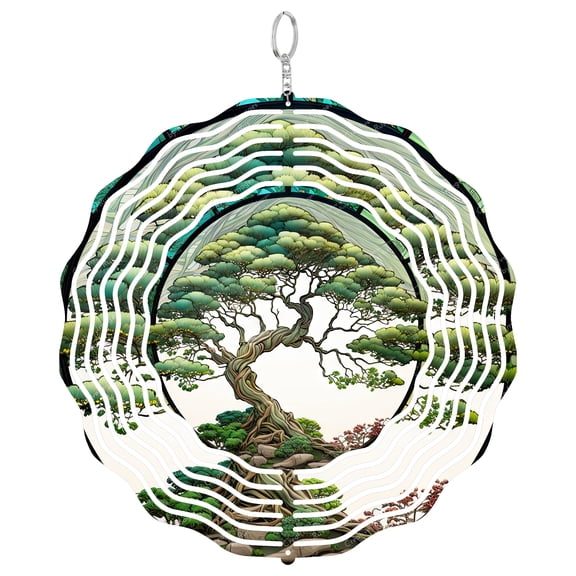 Japanese Bonsai Tree Stained Glass 3D Wind Spinner Kinetic Hanging Garden Decor Yard Art