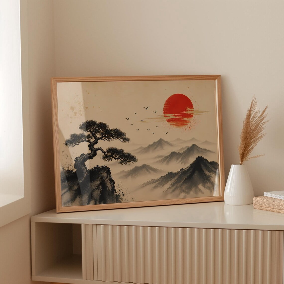 Japanese Bonsai Tree Wall Art Print, Rising Sun Vintage Zen Mountain ...