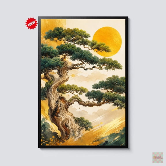 Japanese Bonsai Tree Wall Art Zen Landscape Gold Sun Asian Decor Wabi Sabi Nature Artwork Japandi Home Art
