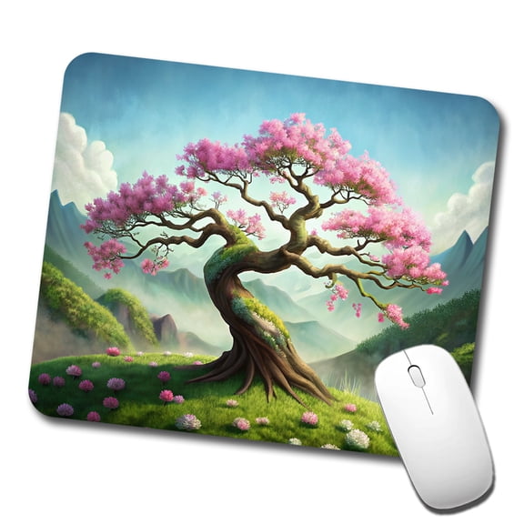 Japanese Bonsai Tree With Pink Flowers On Hillside Mouse Pad Low Profile Gaming Mat