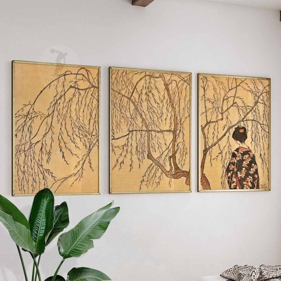 Japanese Botanical Floral Oriental Poster Set Modern Wall Art Set 3 Stretched Canvas 8x12