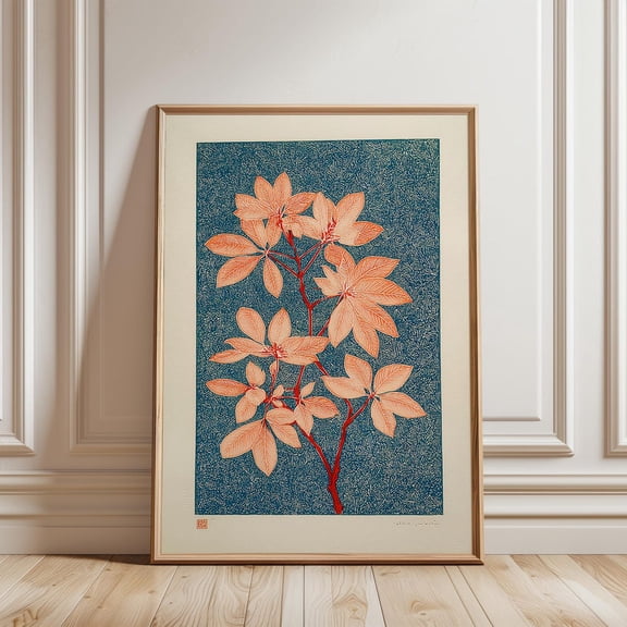 Japanese Botanical Peach Leaves Blue Background Red Branch Art Print, Unframed Canvas 24x36in