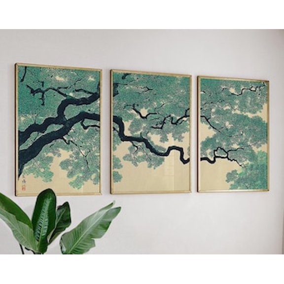 Japanese Botanical Tree Canopy Prints, Teal Green Nature Wall Art Set, Stretched Canvas