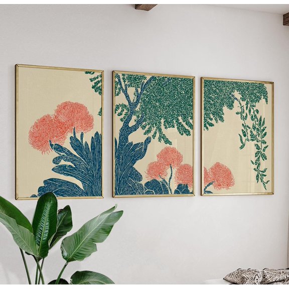Japanese Botanical Wall Art Set Coral Flower Triptych Posters Asian Nature Decor Set 3