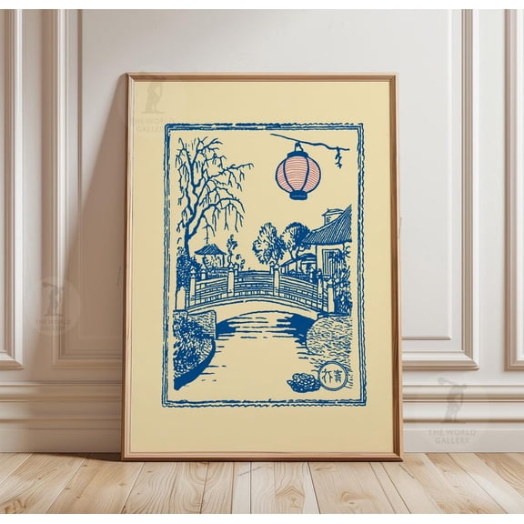 Japanese Bridge Poster Blue Ukiyo E Landscape Art Paper Wall Decor, Unframed Poster