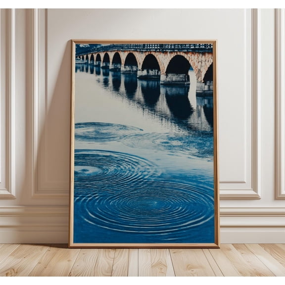 Japanese Bridge Print Blue Water Ripples Art Minimal Landscape Poster Calm River Scene