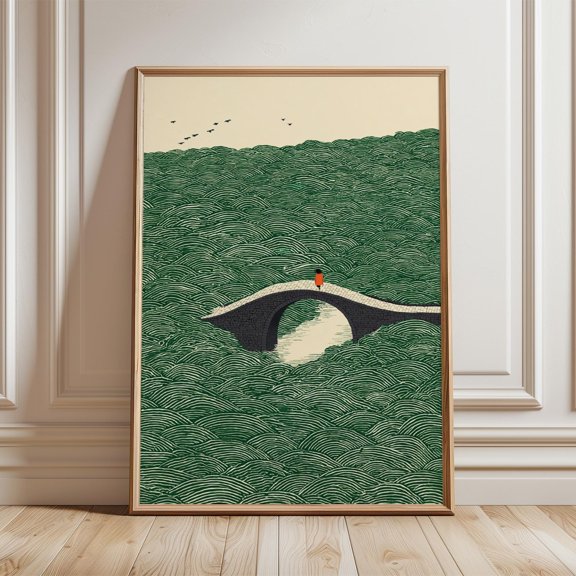 Japanese Bridge Print, Stylized Waves Art, Minimal Landscape Poster, Green Wave Illustration, Poster Only