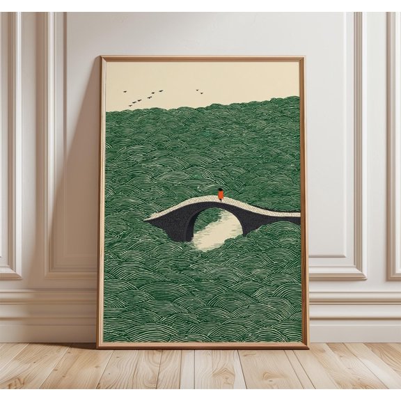 Japanese Bridge Print, Stylized Waves Art, Minimal Landscape Poster, Green Wave Illustration, Poster Only