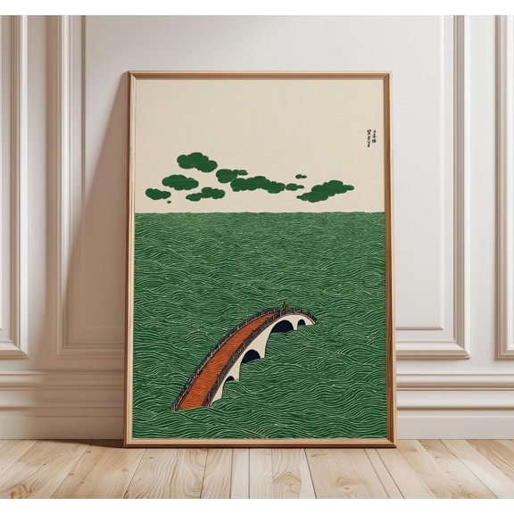 Japanese Bridge Print Stylized Waves Art Minimal Landscape Poster Green Wave Illustration