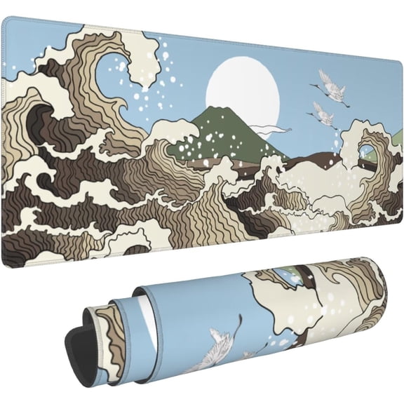 Japanese Brown Wave Gaming Mouse Pad 31.5 X 11.8 Inch XL Cool Style Art Design Print Big Mousepad Extended Large Laptop Keyboard Mouse Mat Non-Slip Rubber Base with Stitched Edges for Home Office