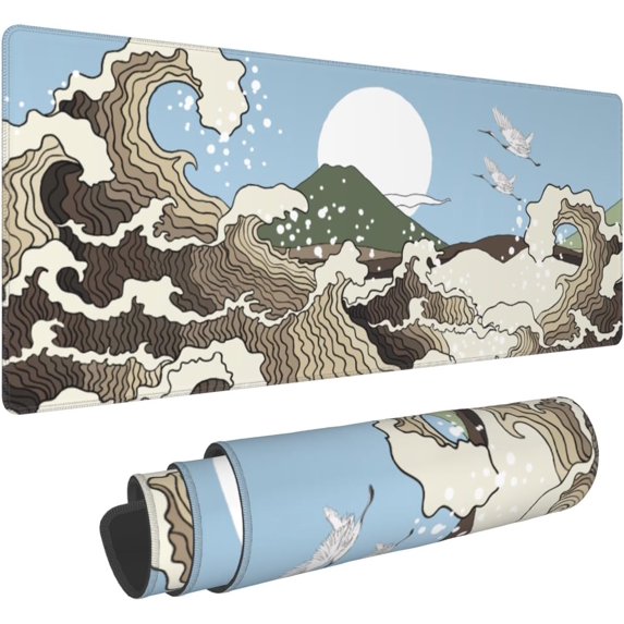 Japanese Brown Wave Gaming Mouse Pad 31.5 X 11.8 Inch XL Cool Style Art Design Print Big Mousepad Extended Large Laptop Keyboard Mouse Mat Non-Slip Rubber Base with Stitched Edges for Home Office