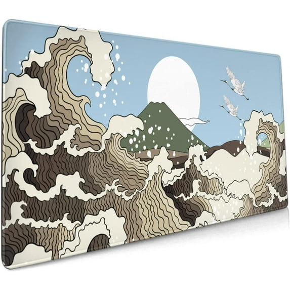 Japanese Brown Wave Gaming Mouse Pad 35.4 X 15.7 Inch XXL Cool Style Art Design Full Des Mousepad Extended Large Non-Slip Rubber Base Keyboard Mat with Stitched Edges for Home Office