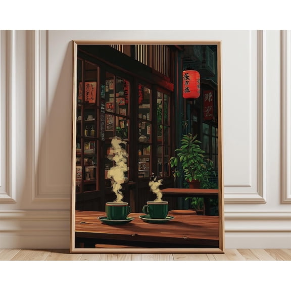 Japanese Cafe Warm Night Street Cozy Tea Shop Wall Art Print, Unframed Paper Poster 8x10in