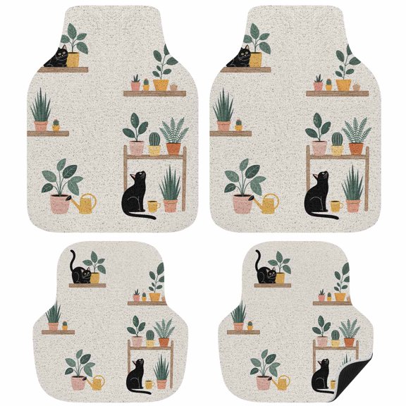 Japanese Car Floor Mats 4 Pieces, Front & Rear Auto Carpet Mats Full Set with Rubber Backing, Farmhouse Cartoon Cats Green Vegetation Plants Universal All Weather Car Floor Protectors for SUV Truck