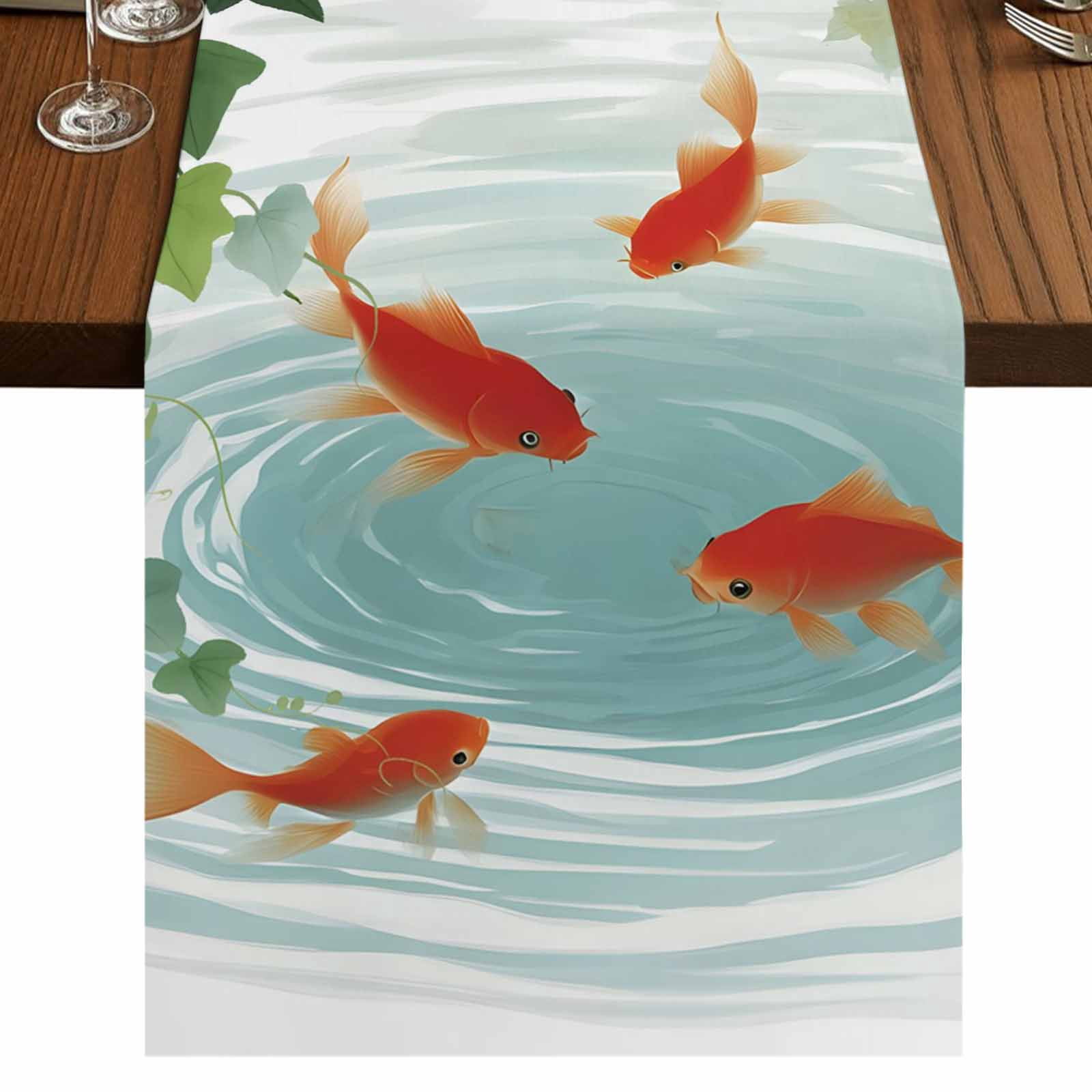 Japanese Carp Fish 48 Inch Table Runner, Oriental Art Rustic Leaves ...