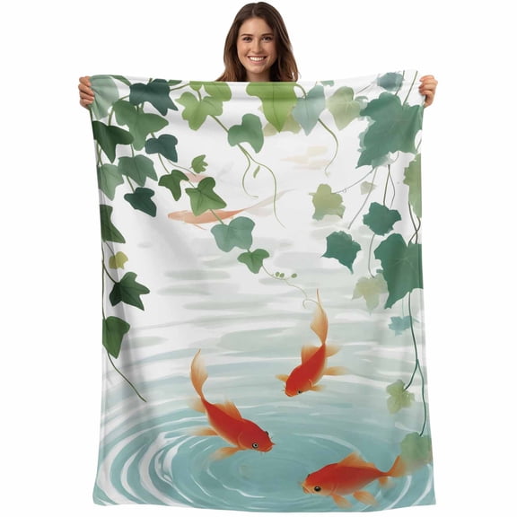 Japanese Carp Fish Blanket Soft Cozy Warm Throw Blanket for Couch, Plush Fuzzy Flannel Fleece Blankets for Sofa, Oriental Art Rustic Leaves Vines Koi Fish Bed Blankets Gifts for Men, 40"x60"
