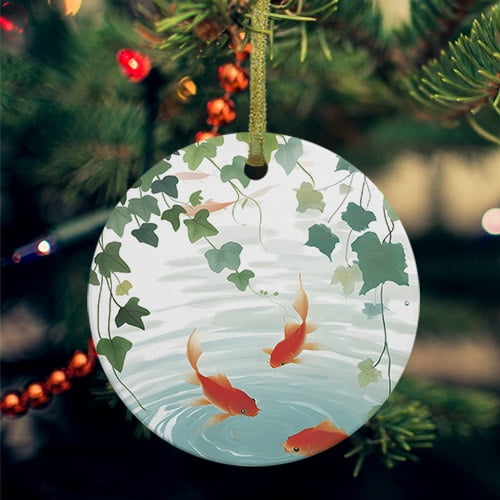 Japanese Carp Fish Ceramic Ornaments, Oriental Art Rustic Leaves Vines Koi Fish Round Porcelain Hanging Ornaments with Gold String, Xmas Decorations Keepsake Gifts for Holiday Home Party 3''