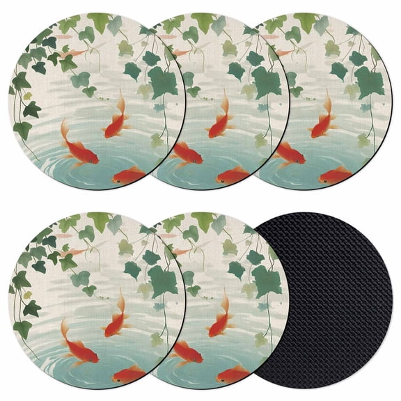Japanese Carp Fish Coasters Set of 6, Absorbent Coasters for Drinks, Oriental Art Vintage Leaves Vines Koi Fish Coaster for Desk Coffee Table Protection, Home Decor House Warming Gifts 4"