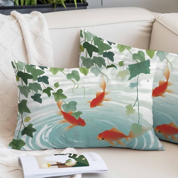 Japanese Carp Fish Pillow Covers 12"x20", Oriental Art Rustic Leaves Vines Koi Fish Soft Brushed Microfiber Breathable Throw Pillow Covers, Pillowcase with Zipper for Couch Sofa Bedroom Living Room