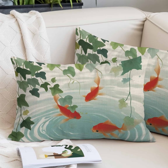 Japanese Carp Fish Pillow Covers King, Oriental Art Vintage Leaves Vines Koi Fish Soft Brushed Microfiber Breathable Throw Pillow Covers, Pillowcase with Zipper for Couch Sofa Bedroom 20"x36"