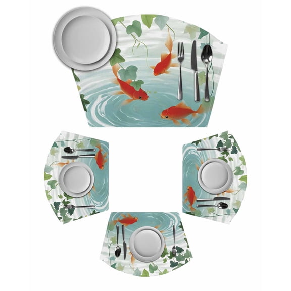 Japanese Carp Fish Round Table Placemats Set of 2 Wedge Placemats, Oriental Art Rustic Leaves Vines Koi Fish Place Mats for Dining Table Set Washable Mats Kitchen Decor for Indoor Outdoor Wipe Clean
