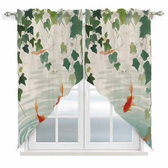 Japanese Carp Fish Swag Valances for Windows 2 Pack, Kitchen Window Curtains 36 Inch Length, Oriental Art Vintage Leaves Vines Koi Fish Privacy Swag Curtains for Living Room/Bathroom 36"x36"