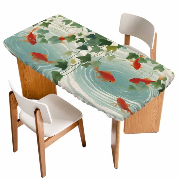 Japanese Carp Fish Table Cloths for 4 Foot Rectangle Tables, Oriental Art Vintage Leaves Vines Koi Fish Patio Waterproof Elastic Fitted Tablecloths, Washable Rectangular Table Cover for Camping