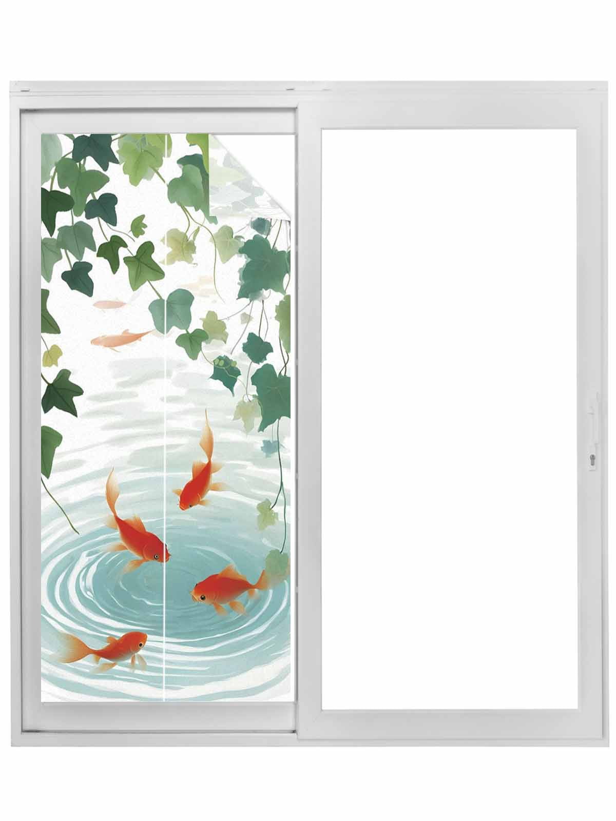 Japanese Carp Fish Window Privacy Film, Oriental Art Rustic Leaves ...