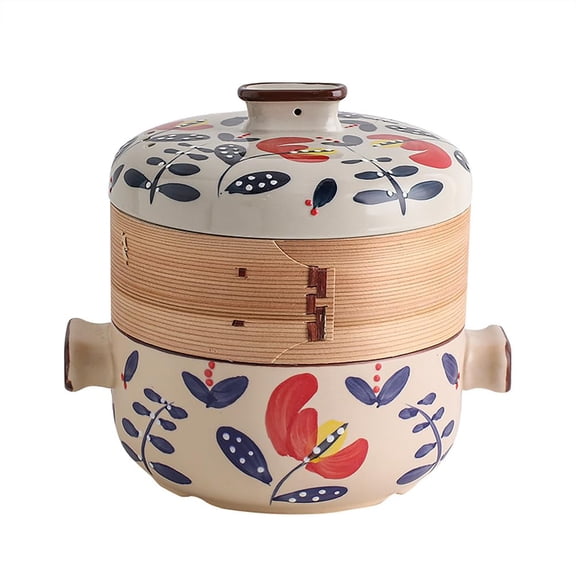 Japanese Casserole Pot With Bamboo Steamer Basket, Nonstick Earthenware Ceramic Clay Steam Stew For Kitchen Cooking