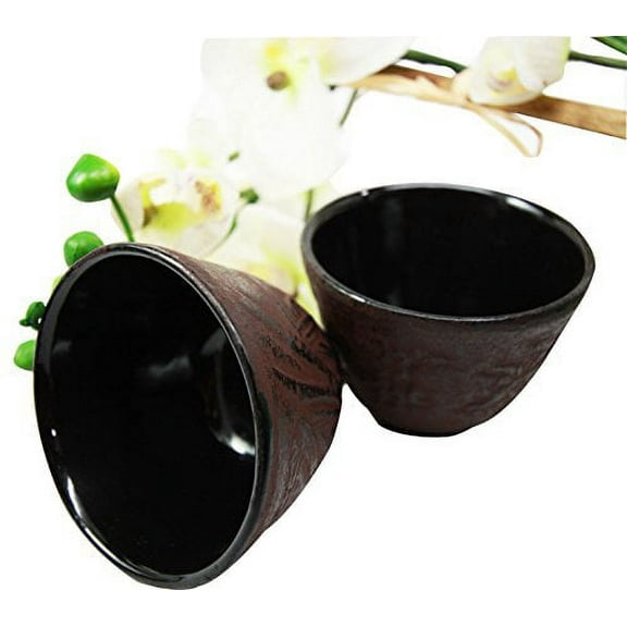 Japanese Cast Iron Tea Cups Set of Two Bamboo Design Red Burgundy Color