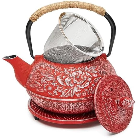 Japanese Cast Iron Teapot with Infuser - Red, 27 oz (800 ml), 3-Pc Teapot Set - Stovetop Kettle for Loose Leaf Brewing - Removable Stainless Steel Infuser & Trivet Included