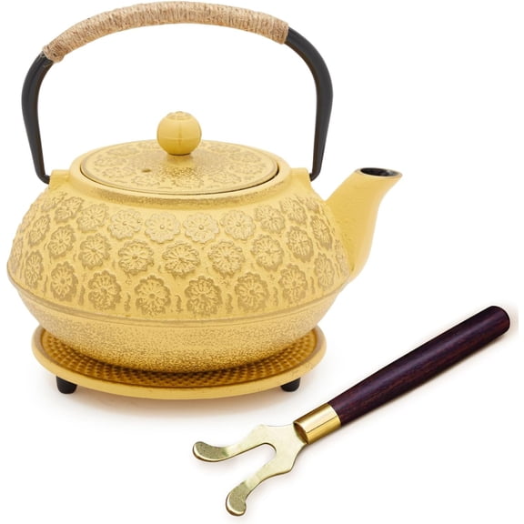 Japanese Cast Iron Teapot with Infuser - Red, 27 oz (800 ml), 3-Pc Teapot Set - Stovetop Kettle for Loose Leaf Brewing - Removable Stainless Steel Infuser & Trivet Included