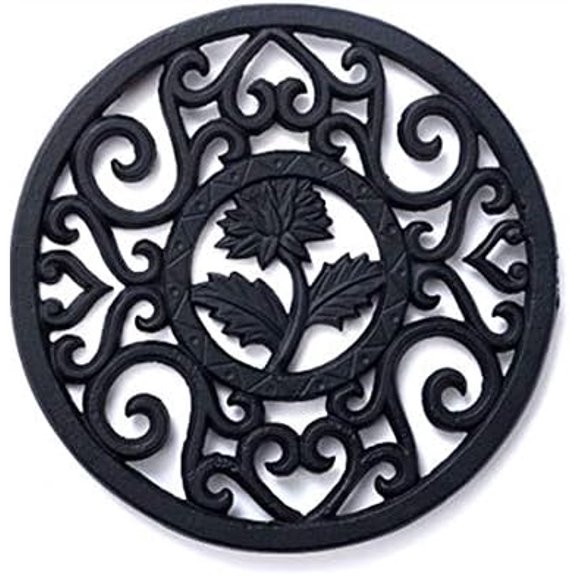 Japanese Cast Iron Trivets Round Trivet with Rubber Pegs for Kitchen Teapot Stand Insulated Pot Mat to Protect The Desktop, 13.5 cm (5 Inch) - Black