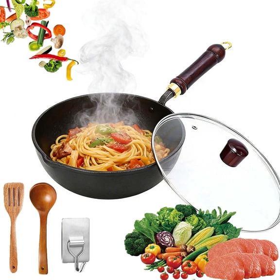 Japanese Cast Iron Wok, 10.5inch Hand Hammered Uncoated Carbon Steel Wok Pan, Flat Bottom Deep Frying Cookware for Electric, Induction & Gas Stoves (With glass cover, 10.5inch)