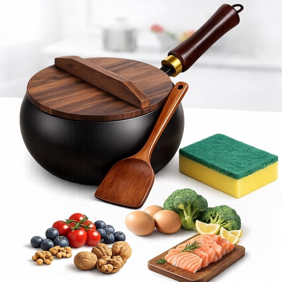 Japanese Cast Iron Wok with Lid & Spatula, 11 Inch Hand-Hammered Uncoated Iron Pot, Naturally Non-Stick Frying Pan, Heavy Duty Cookware for Induction, Gas & Electric Stoves