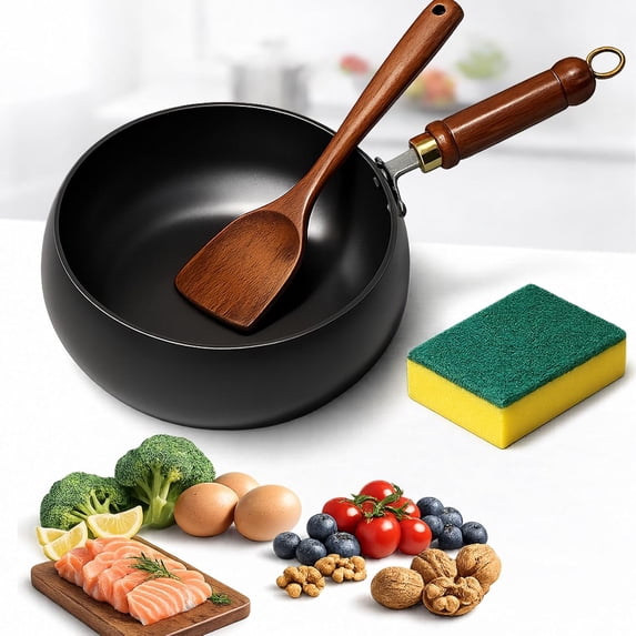 Japanese Cast Iron Wok with Lid & Spatula, 11 Inch Hand-Hammered Uncoated Iron Pot, Naturally Non-Stick Frying Pan, Heavy Duty Cookware for Induction, Gas & Electric Stoves
