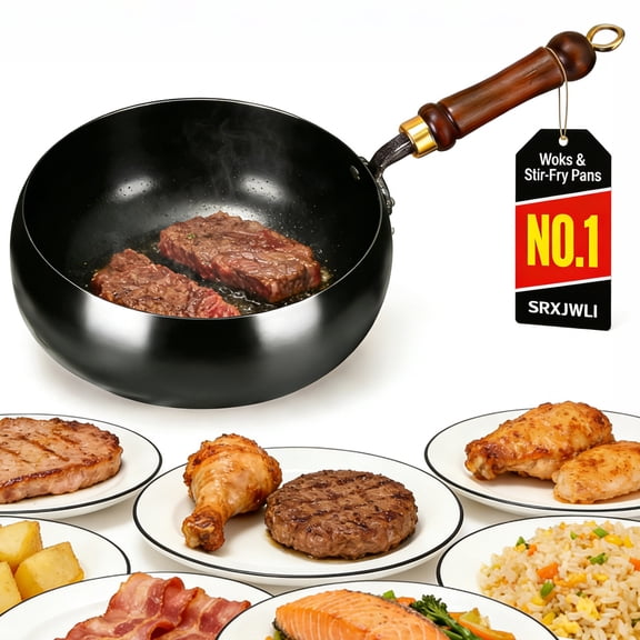 Japanese Cast Iron Wok Pan Handcrafted Stir Fry Pan for Induction, Gas & Electric Stoves, Pre-Seasoned Heavy Duty Iron Cookware, Deep Asian Style Skillet for Frying, Sautéing, Braising, Durable