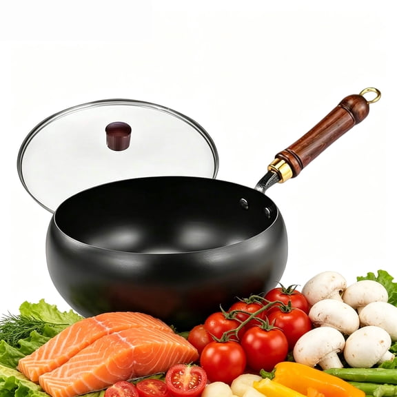 Japanese Cast Iron Wok Pans Uncoated Healthy Cooking Pot with Glass Lid Hand Hammered Nonstick Frying Pan for Electric Gas Induction Stoves Deep Stir Fry Pan for Authentic Asian Cuisines 24CM/26CM