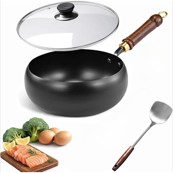 Japanese Cast Iron Wok with Lid, Uncoated Carbon Steel Stir Fry Pan, Flat Bottom Nonstick Iron Pot for Induction, Electric and Gas Stoves