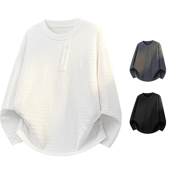 Japanese Casual Long Sleeve Placket Top for Everyday Wear Men T Shirt with Comfortable Fit and Minimalist Design Men's Loose Fit Shirts