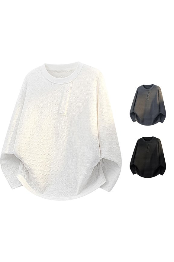 Japanese Casual Long Sleeve Placket Top for Everyday Wear Men T Shirt with Comfortable Fit and Minimalist Design Men's Loose Fit Shirts