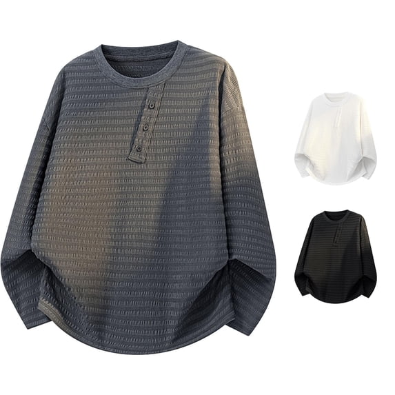 Japanese Casual Long Sleeve Placket Top for Everyday Wear Men T Shirt with Comfortable Fit and Minimalist Design Men's Loose Fit Shirts