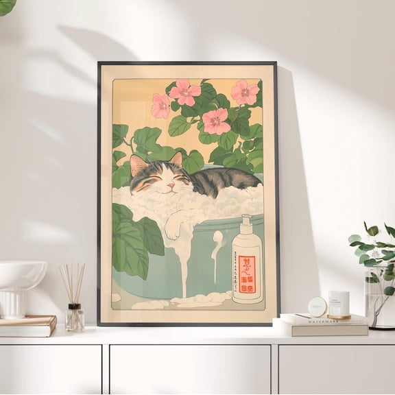 Japanese Cat Bathtub Wall Art Quirky Bathroom Decor, Unframed Paper Print Size 8x12
