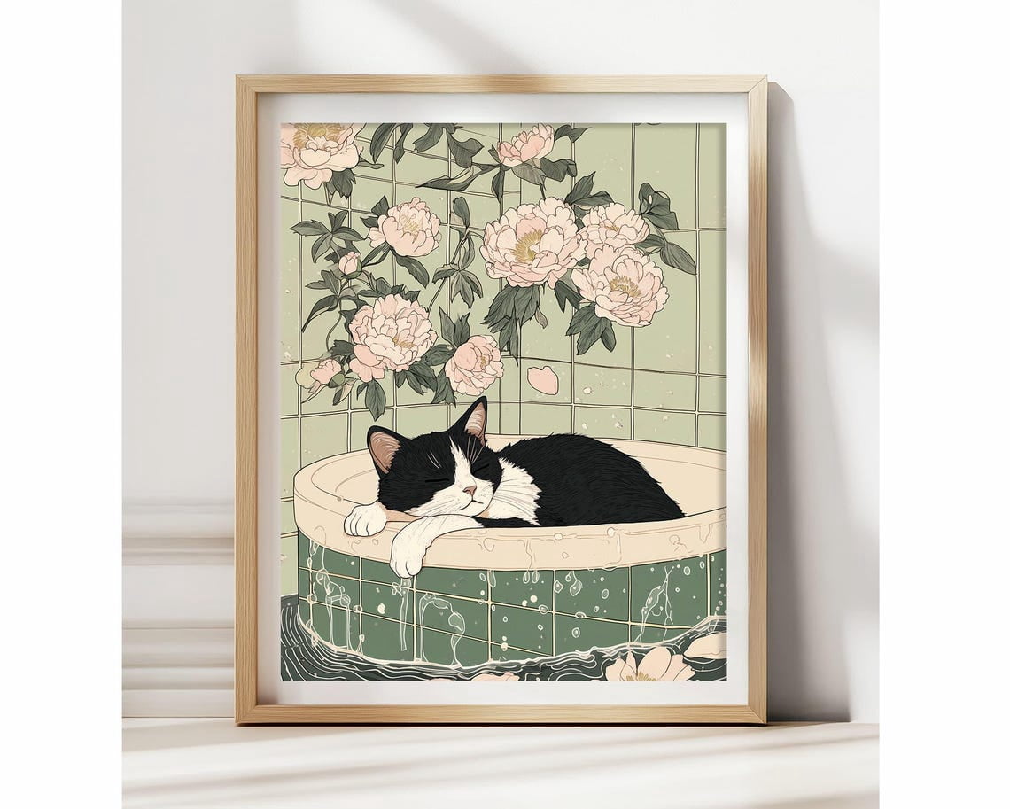 Japanese Cat In Bathtub Zen Wall Art Poster Funny Cat Bathroom Art ...