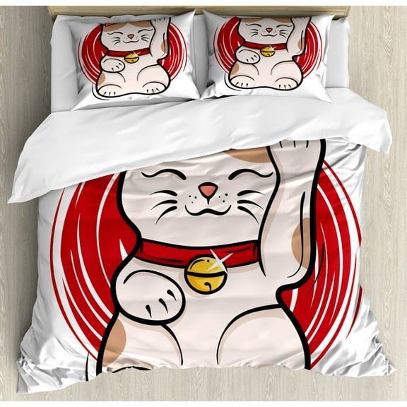Japanese Cat Duvet Cover Set King Size, Cheerful Luck Cat with Cool Background, Decorative 3 Piece Bedding Set with 2 Pillow Shams, Vermilion Earth Yellow Salmon Charcoal Grey, by Ambesonne