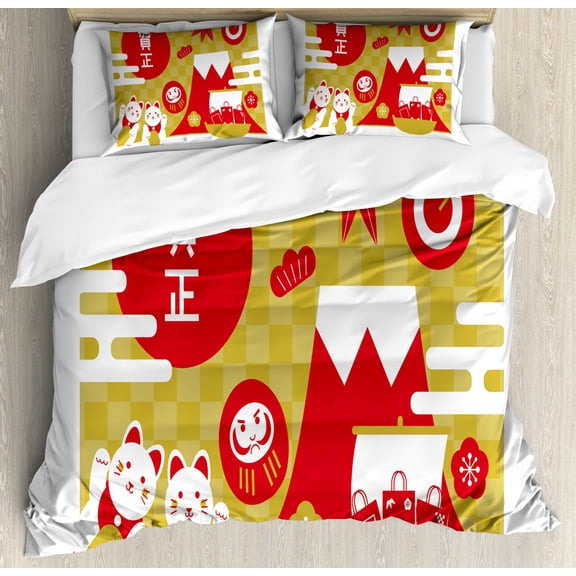 Japanese Cat Duvet Cover Set Queen Size, Dharma Dolls Luck Maneki Neko Mount Hill New Year, Decorative 3 Piece Bedding Set with 2 Pillow Shams, Vermilion White Pale Earth Yellow, by Ambesonne