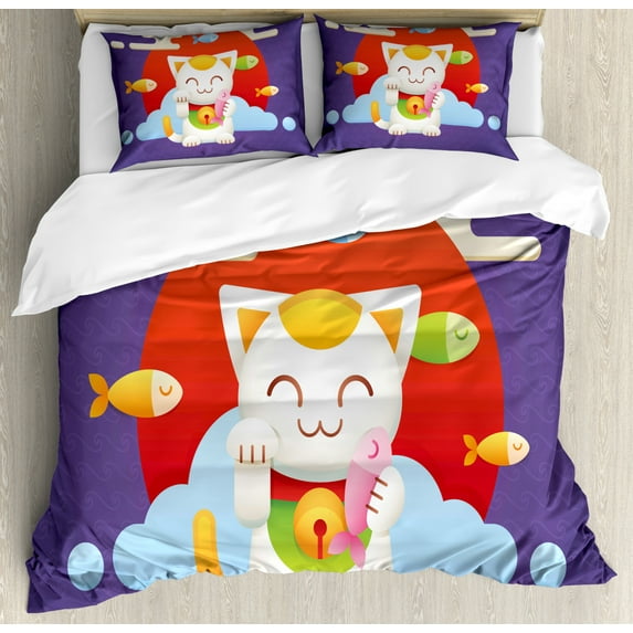 Japanese Cat Duvet Cover Set Queen Size, Maneki Neko Cat Holding Coins and Fish for Fortune, Decorative 3 Piece Bedding Set with 2 Pillow Shams, Vermilion Mustard Dark Violet, by Ambesonne