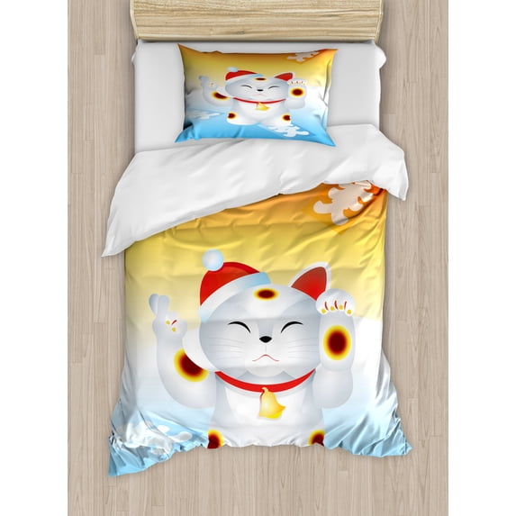 Japanese Cat Duvet Cover Set Twin Size, New Year Cat Maneki Neko Luck Paws Eastern Tradition Ombre, Decorative 2 Piece Bedding Set with 1 Pillow Sham, Orange Sky Blue Vermilion, by Ambesonne