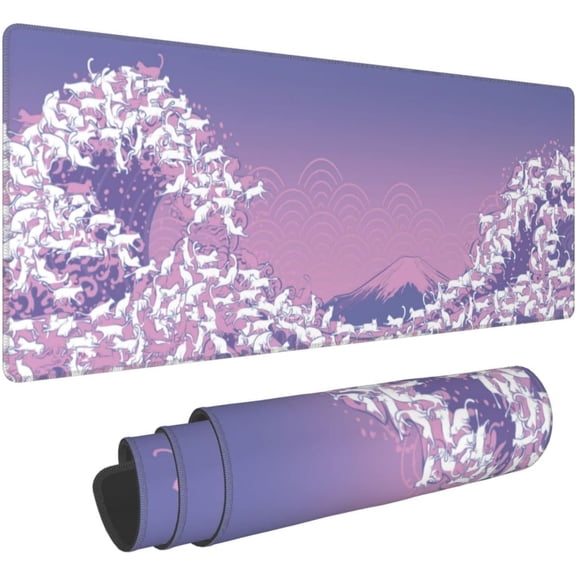Japanese Cat Great Wave Purple Pink XXL XL Large Gaming Mouse Pad for Desk, Non-Slip Long Extended Keyboard Pads Mousepad Rubber Table Mat 31.5 X 11.8 Inch