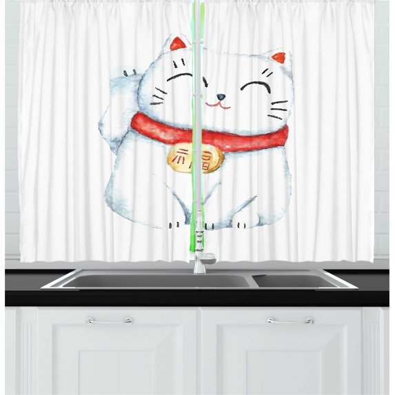 Japanese Cat Kitchen Curtains, Graphical Look Japanese Folklore Maneki Neko Illustration, Two Panels Drapes with Rod Pocket Room Decor, 55" X 45", Pearl and Scarlet, by Ambesonne